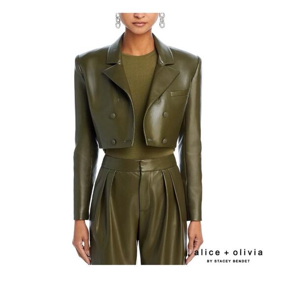 Alice + Olivia Anthony Cropped Olive Vegan Leather Blazer Size M Medium 8 - Picture 5 of 10